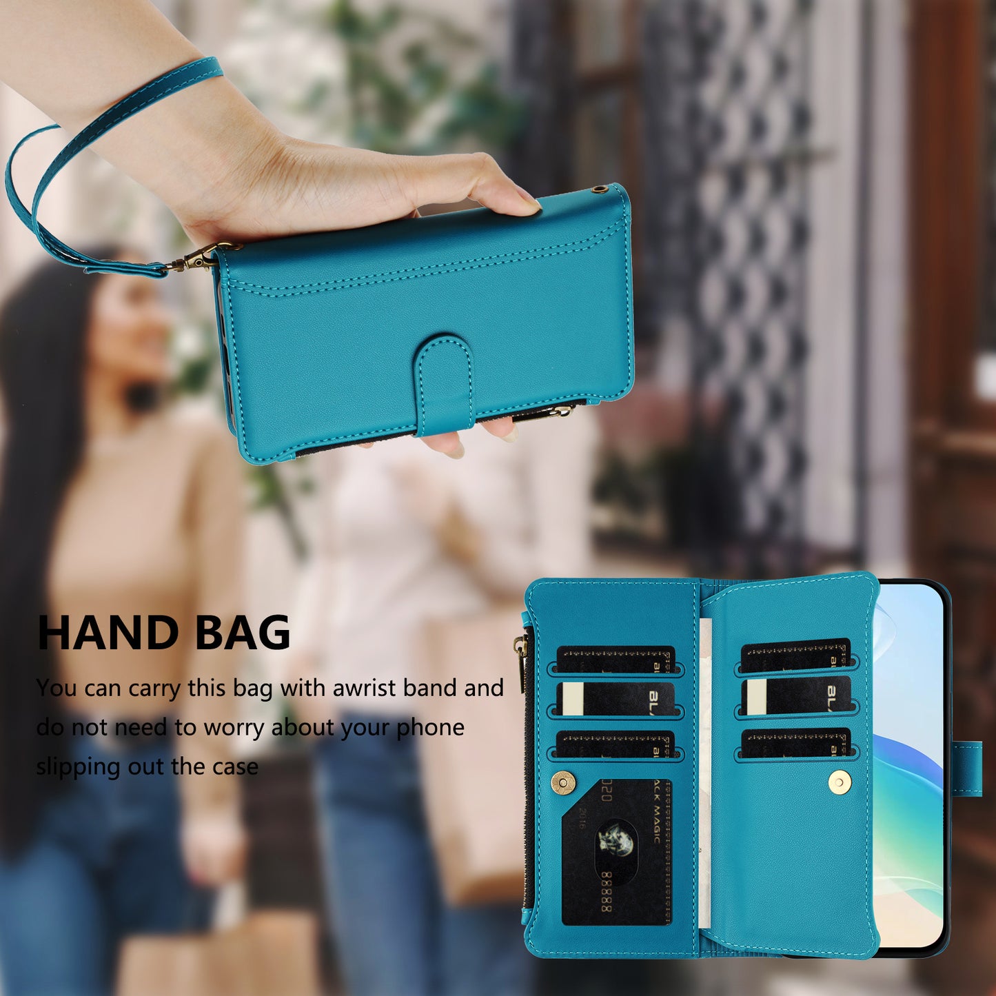 For iPhone 17 Leather Case 9 Card Slots Zipper Wallet Stand Phone Cover with Wrist Strap - Lake Blue