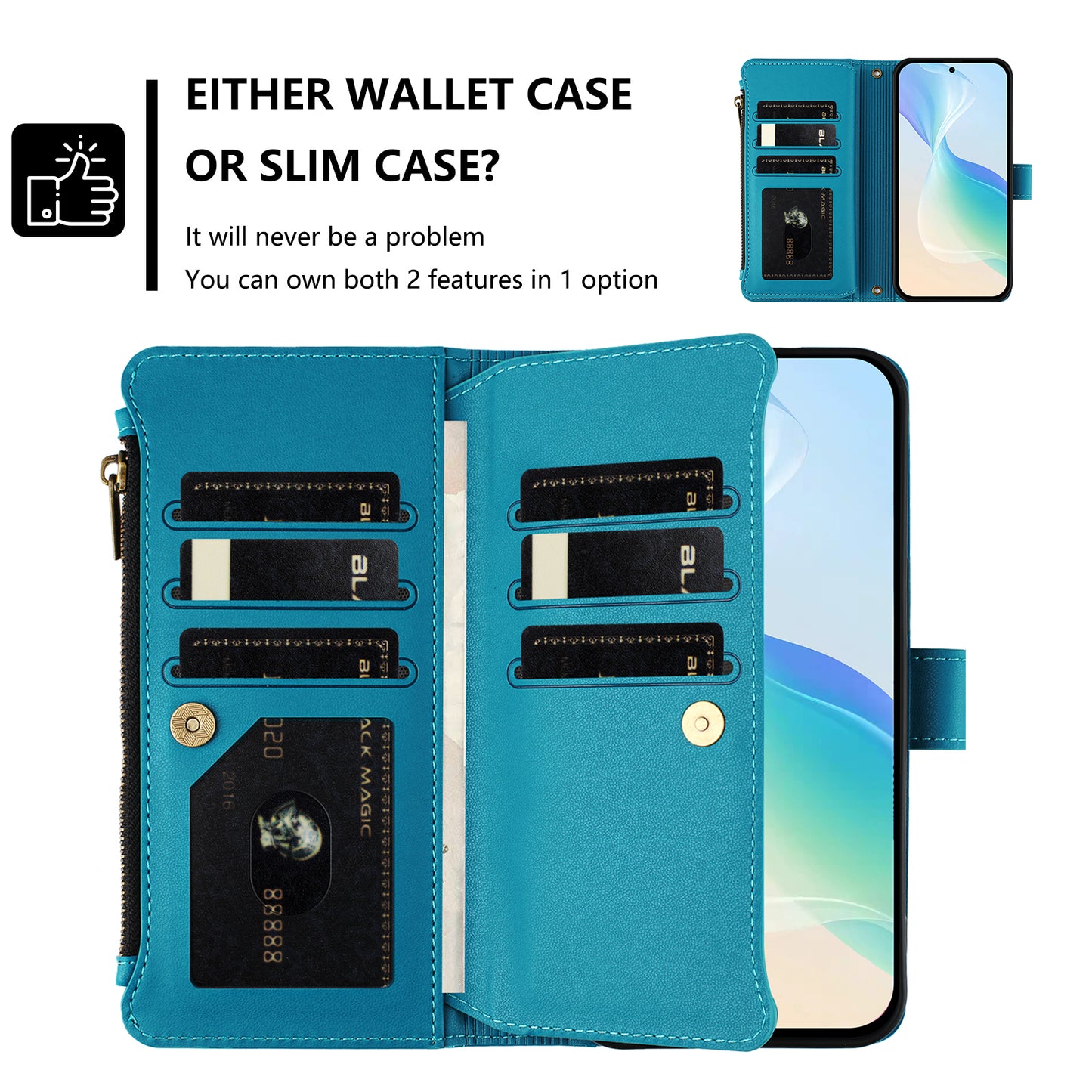 For iPhone 17 Leather Case 9 Card Slots Zipper Wallet Stand Phone Cover with Wrist Strap - Lake Blue