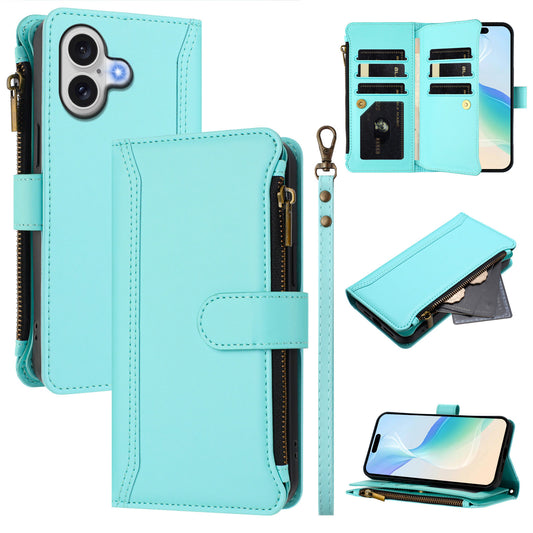 For iPhone 17 Leather Case 9 Card Slots Zipper Wallet Stand Phone Cover with Wrist Strap - Mint Green