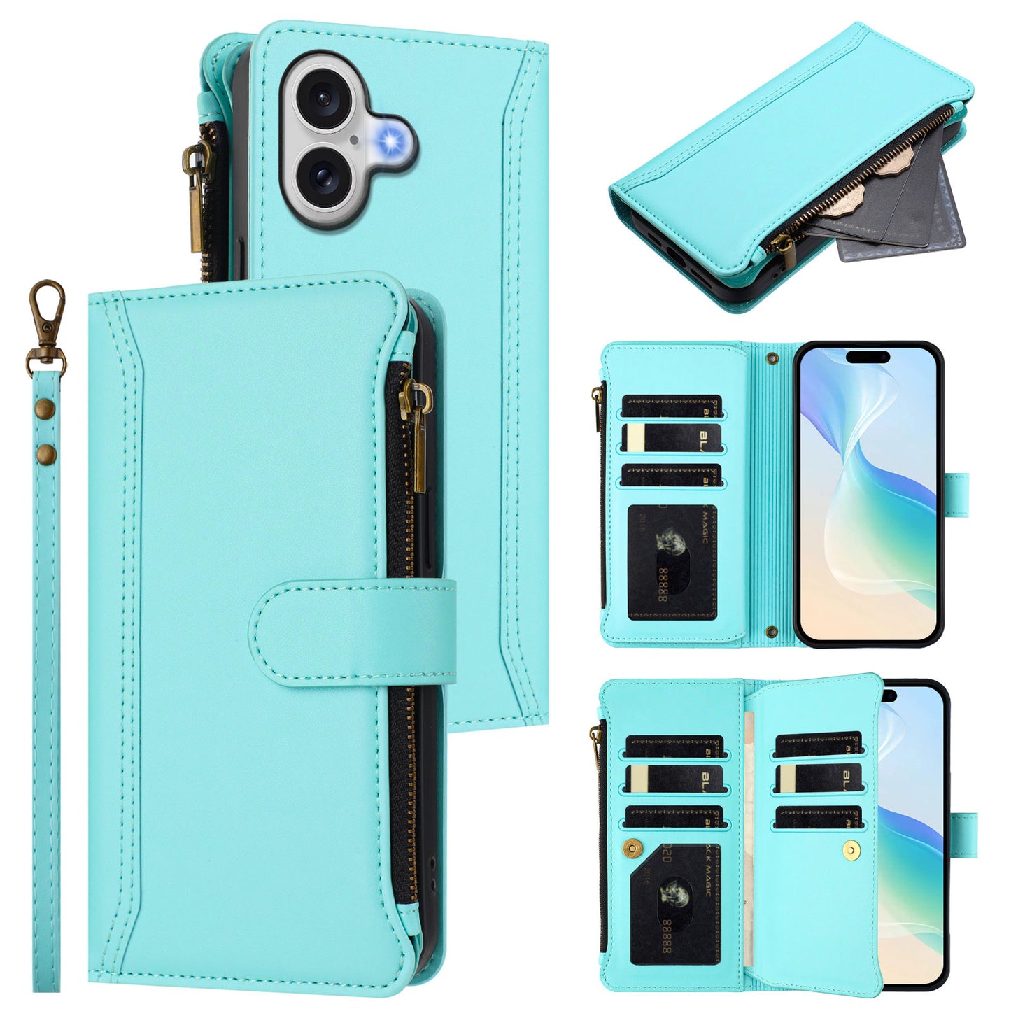 For iPhone 17 Leather Case 9 Card Slots Zipper Wallet Stand Phone Cover with Wrist Strap - Mint Green