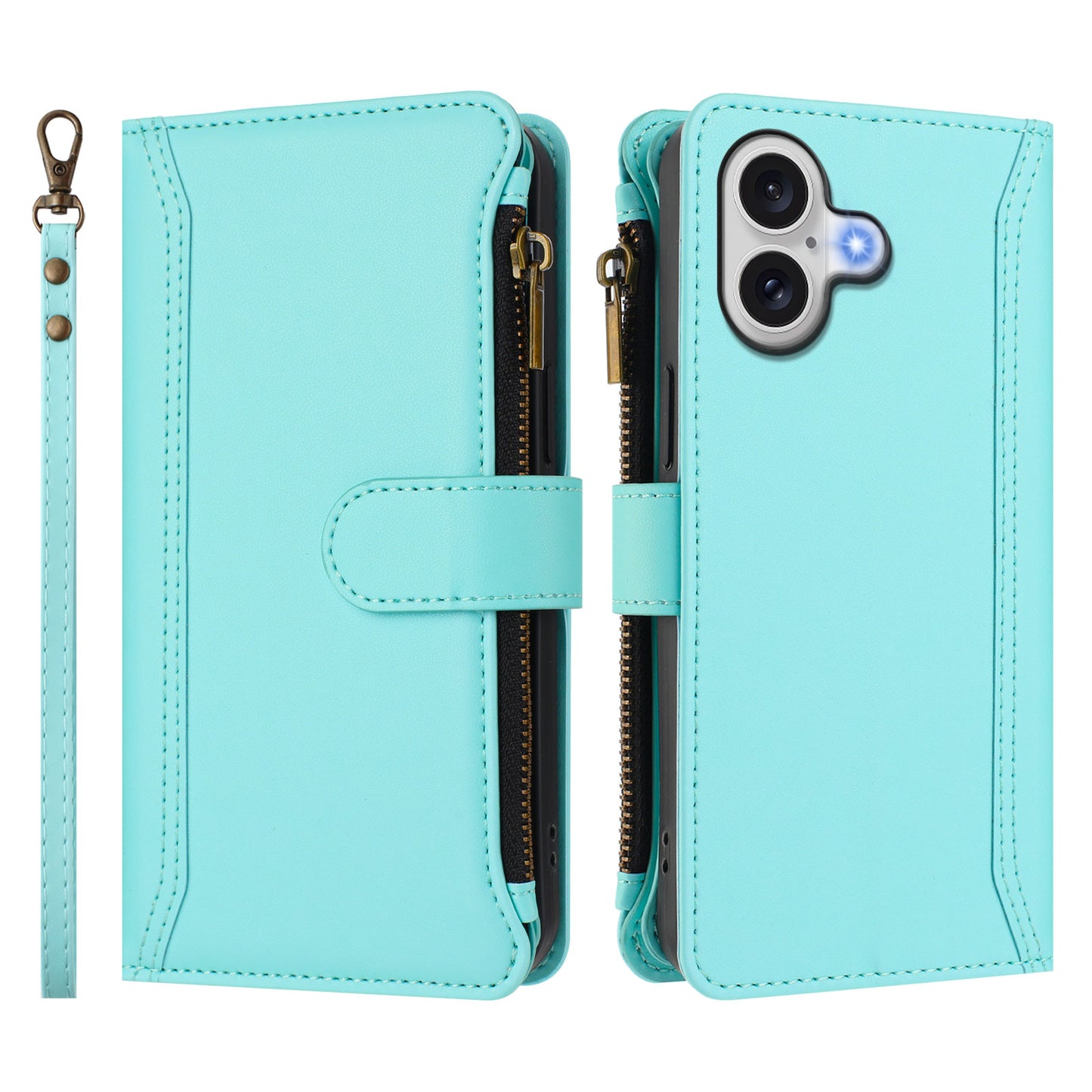 For iPhone 17 Leather Case 9 Card Slots Zipper Wallet Stand Phone Cover with Wrist Strap - Mint Green