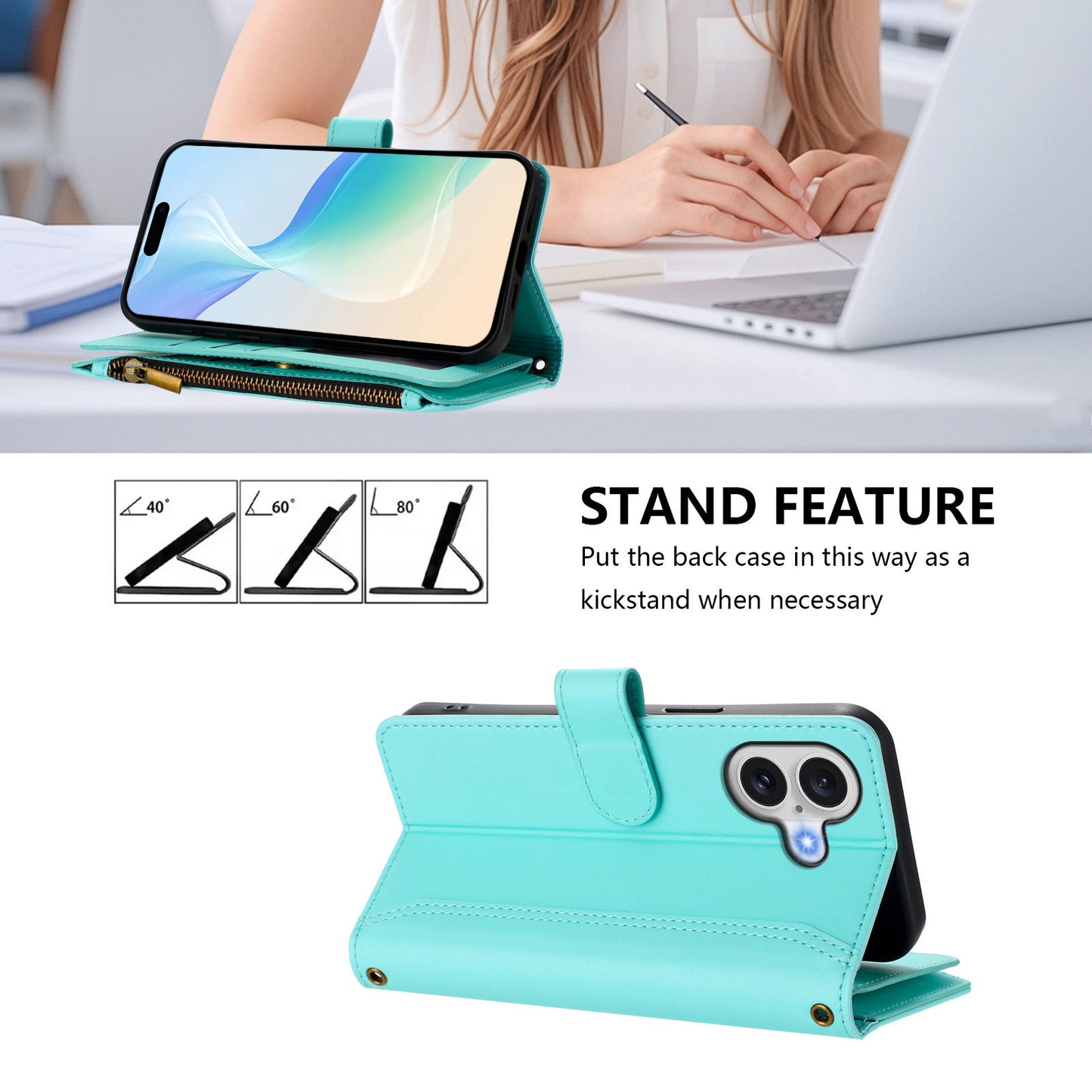 For iPhone 17 Leather Case 9 Card Slots Zipper Wallet Stand Phone Cover with Wrist Strap - Mint Green