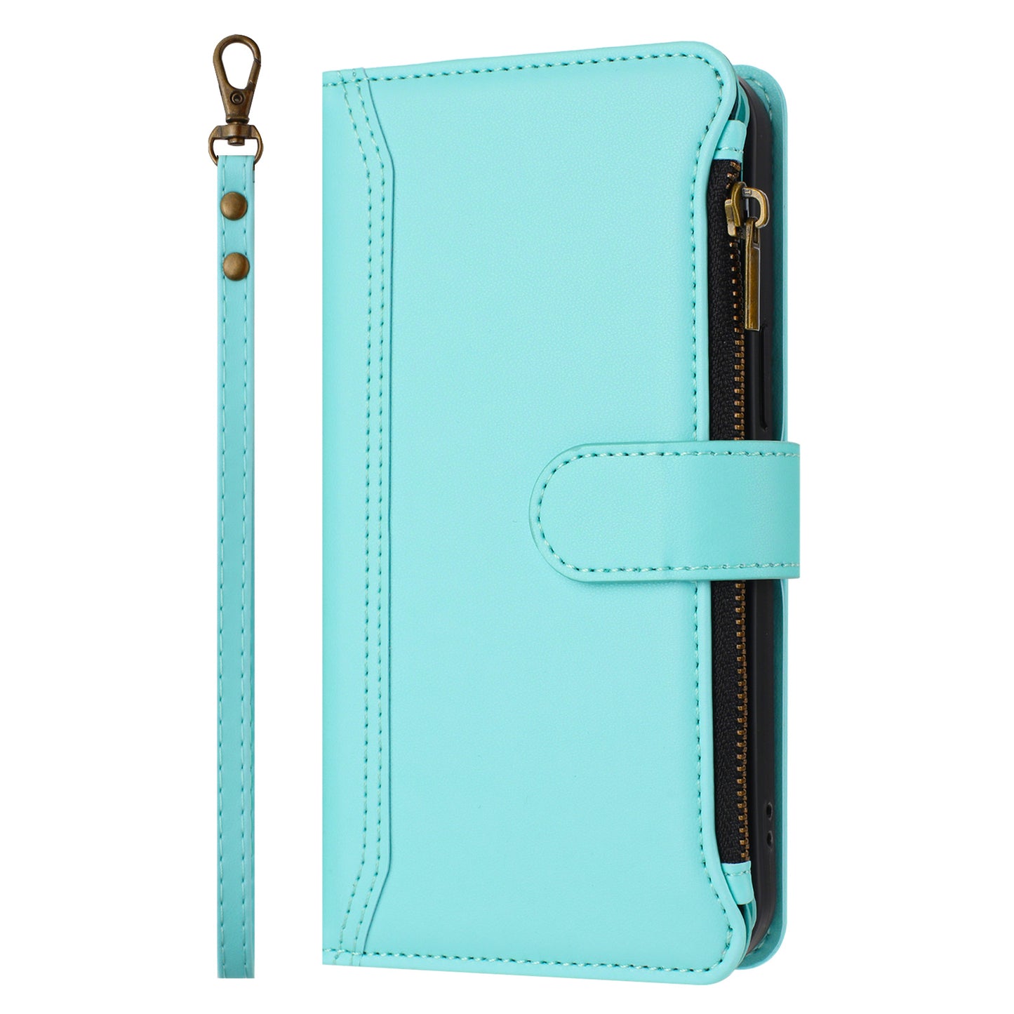 For iPhone 17 Leather Case 9 Card Slots Zipper Wallet Stand Phone Cover with Wrist Strap - Mint Green