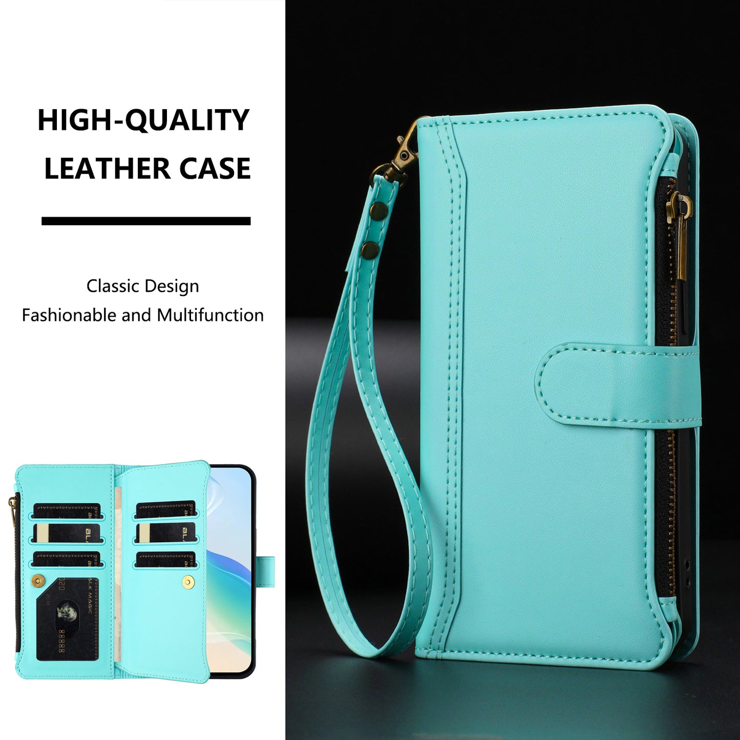 For iPhone 17 Leather Case 9 Card Slots Zipper Wallet Stand Phone Cover with Wrist Strap - Mint Green