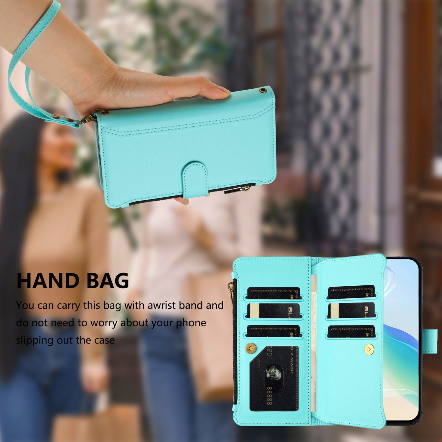 For iPhone 17 Leather Case 9 Card Slots Zipper Wallet Stand Phone Cover with Wrist Strap - Mint Green