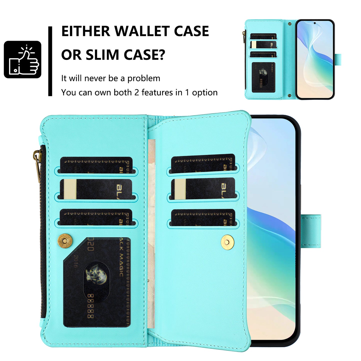 For iPhone 17 Leather Case 9 Card Slots Zipper Wallet Stand Phone Cover with Wrist Strap - Mint Green