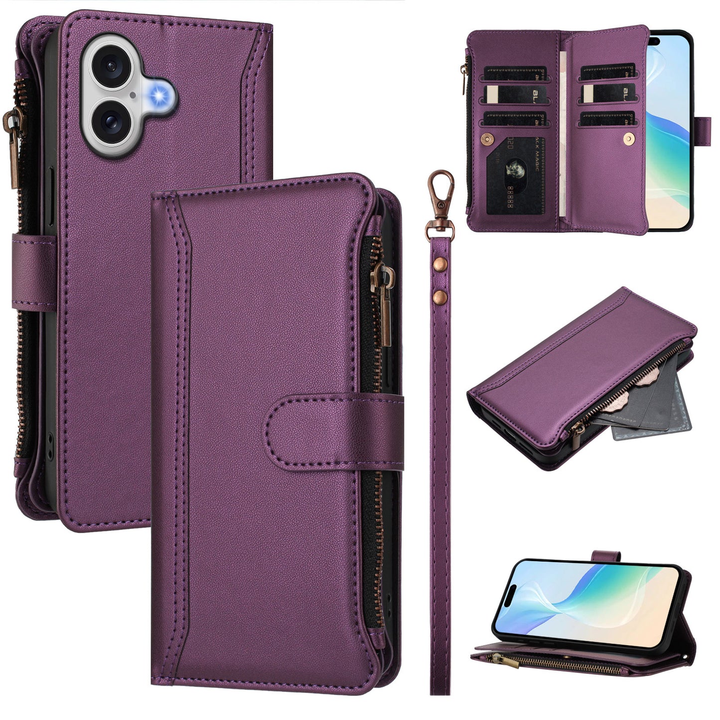 For iPhone 17 Leather Case 9 Card Slots Zipper Wallet Stand Phone Cover with Wrist Strap - Purple