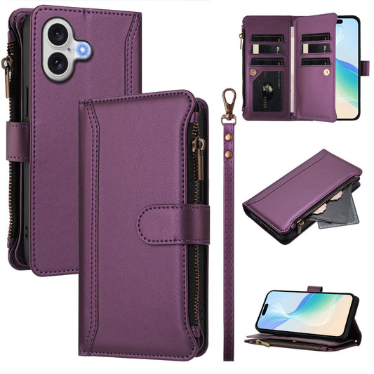 For iPhone 17 Leather Case 9 Card Slots Zipper Wallet Stand Phone Cover with Wrist Strap - Purple