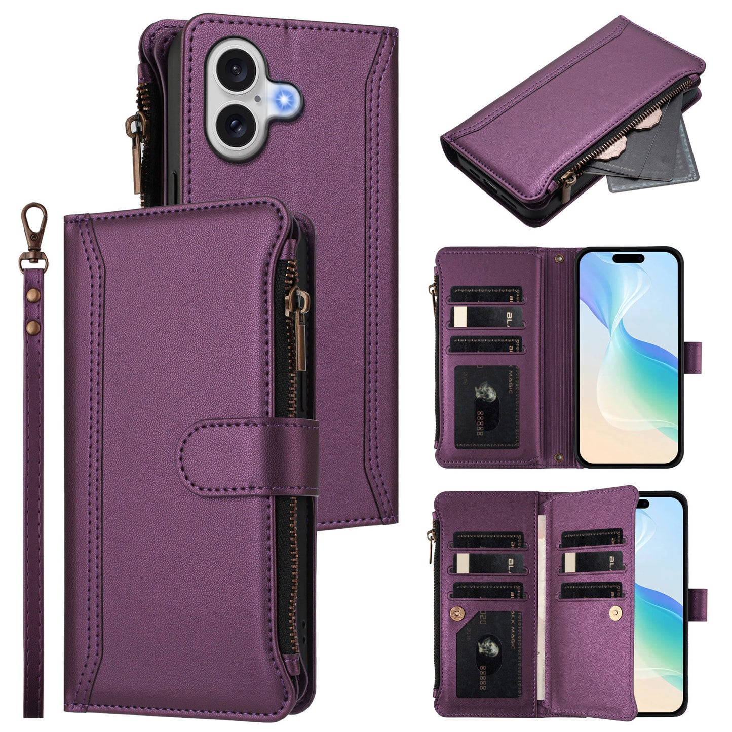 For iPhone 17 Leather Case 9 Card Slots Zipper Wallet Stand Phone Cover with Wrist Strap - Purple