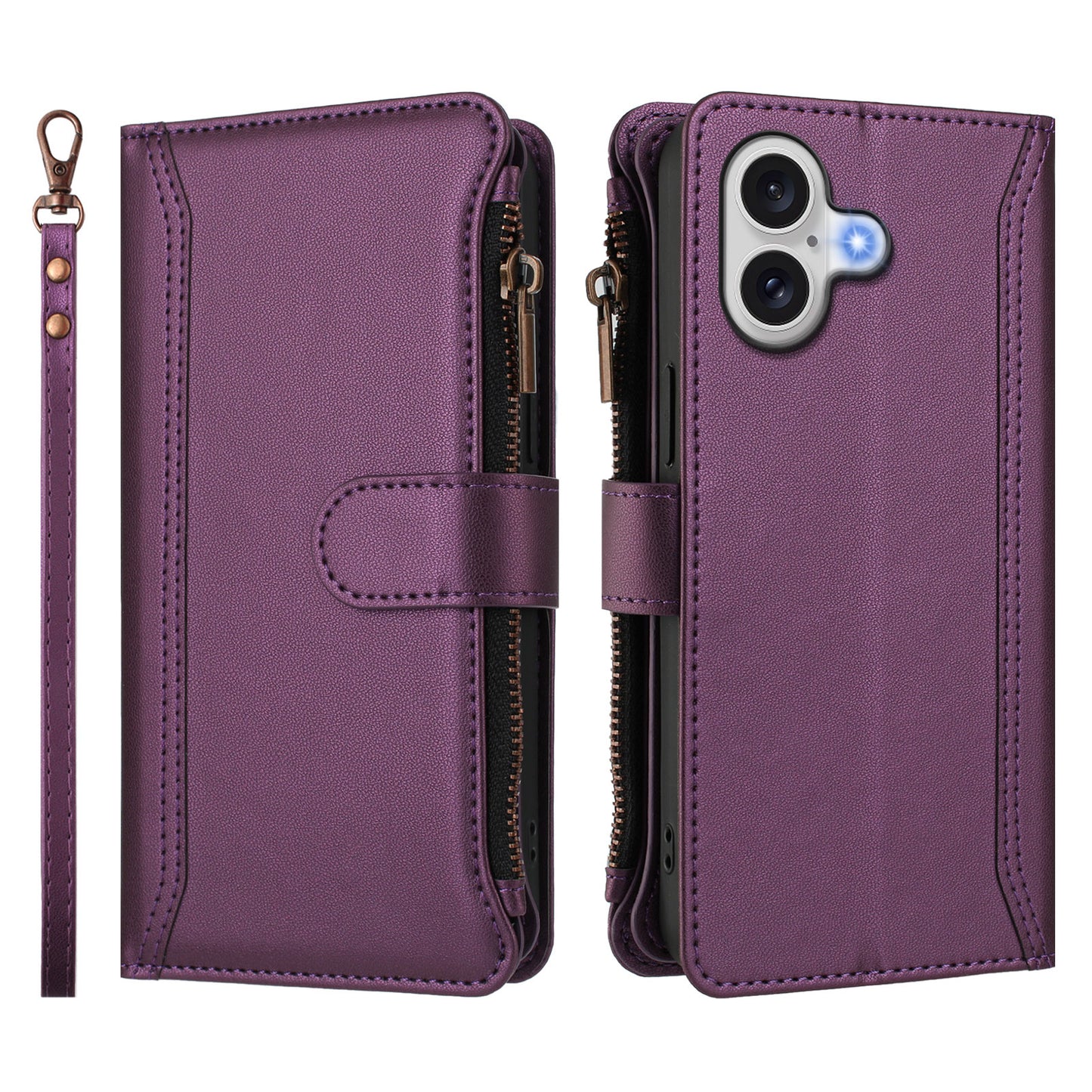For iPhone 17 Leather Case 9 Card Slots Zipper Wallet Stand Phone Cover with Wrist Strap - Purple