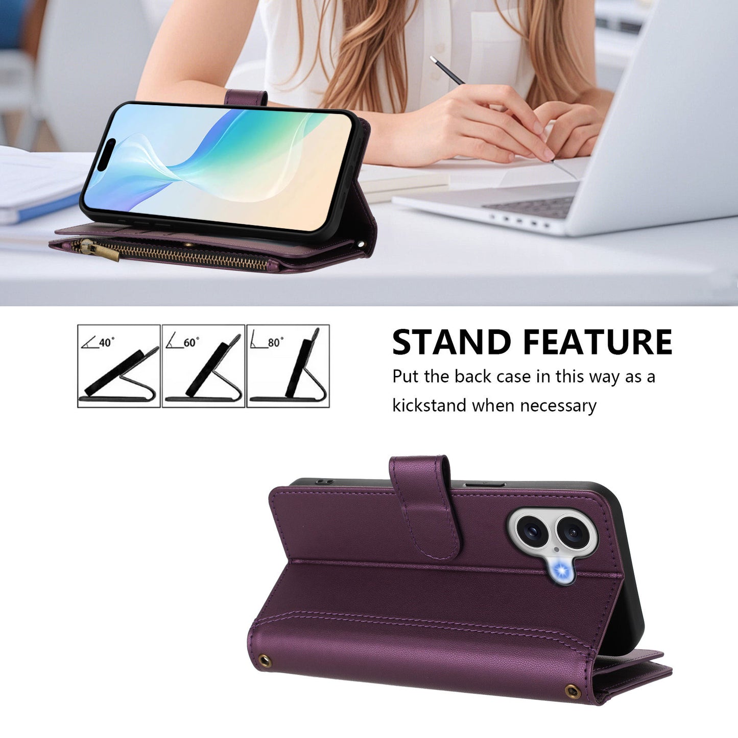 For iPhone 17 Leather Case 9 Card Slots Zipper Wallet Stand Phone Cover with Wrist Strap - Purple