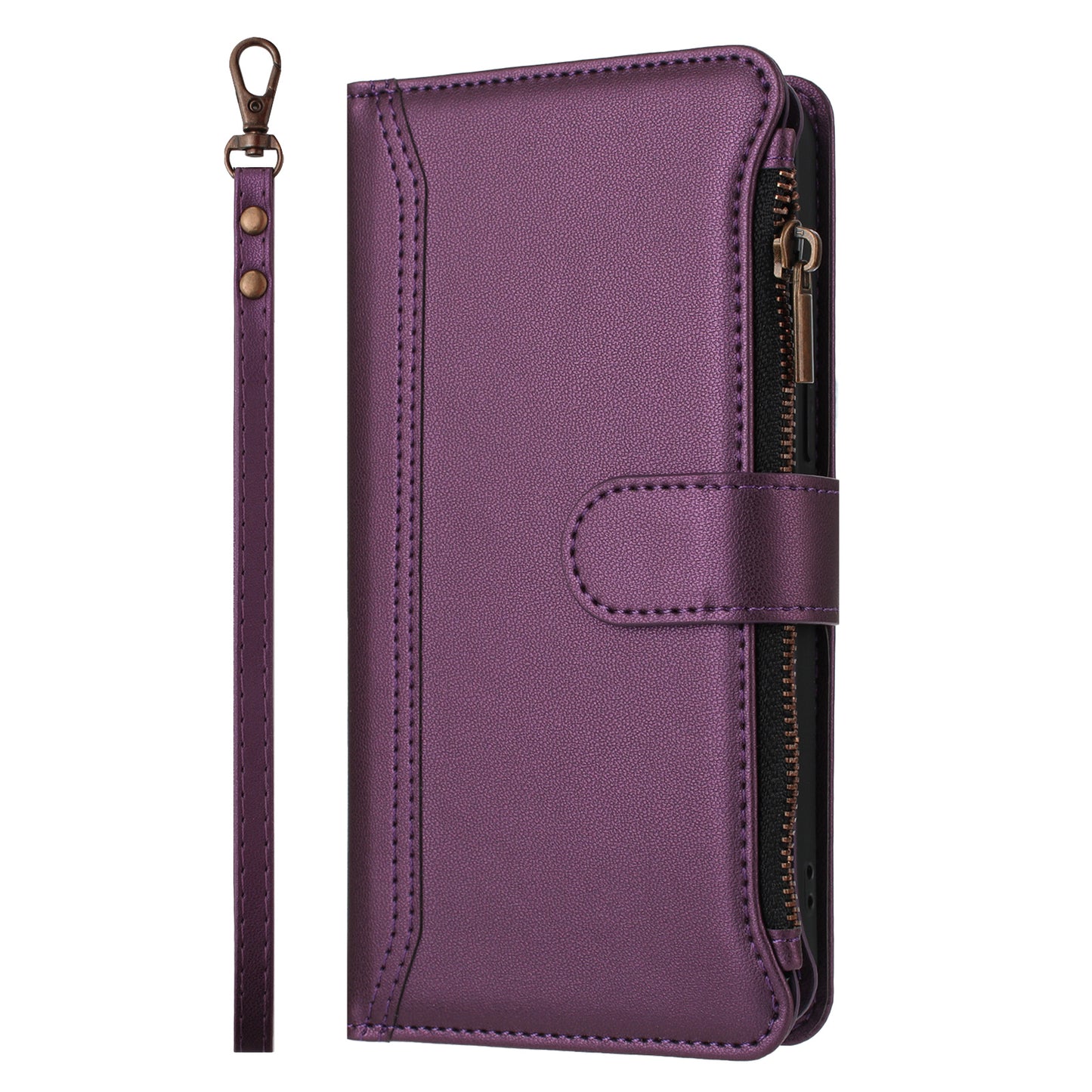 For iPhone 17 Leather Case 9 Card Slots Zipper Wallet Stand Phone Cover with Wrist Strap - Purple