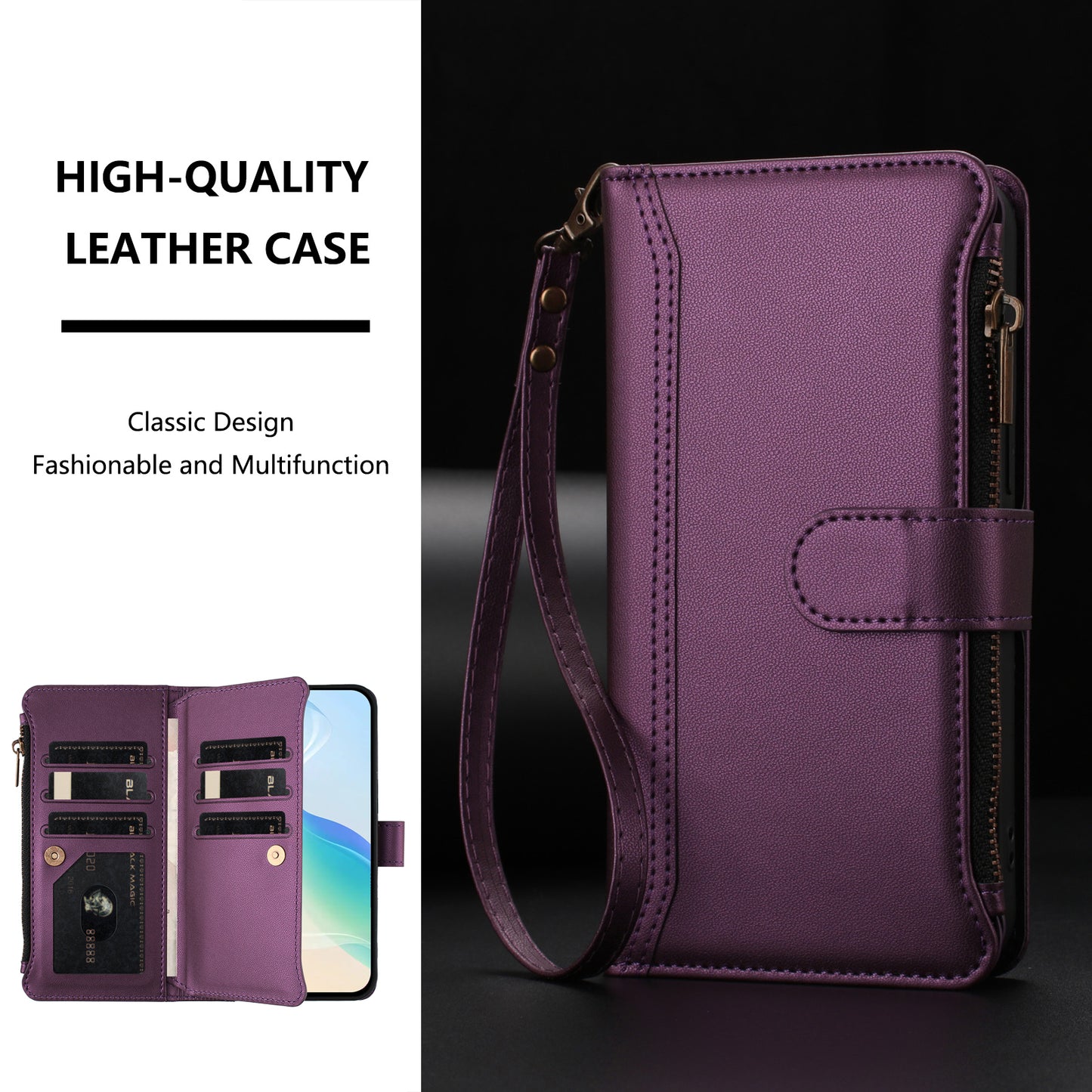For iPhone 17 Leather Case 9 Card Slots Zipper Wallet Stand Phone Cover with Wrist Strap - Purple
