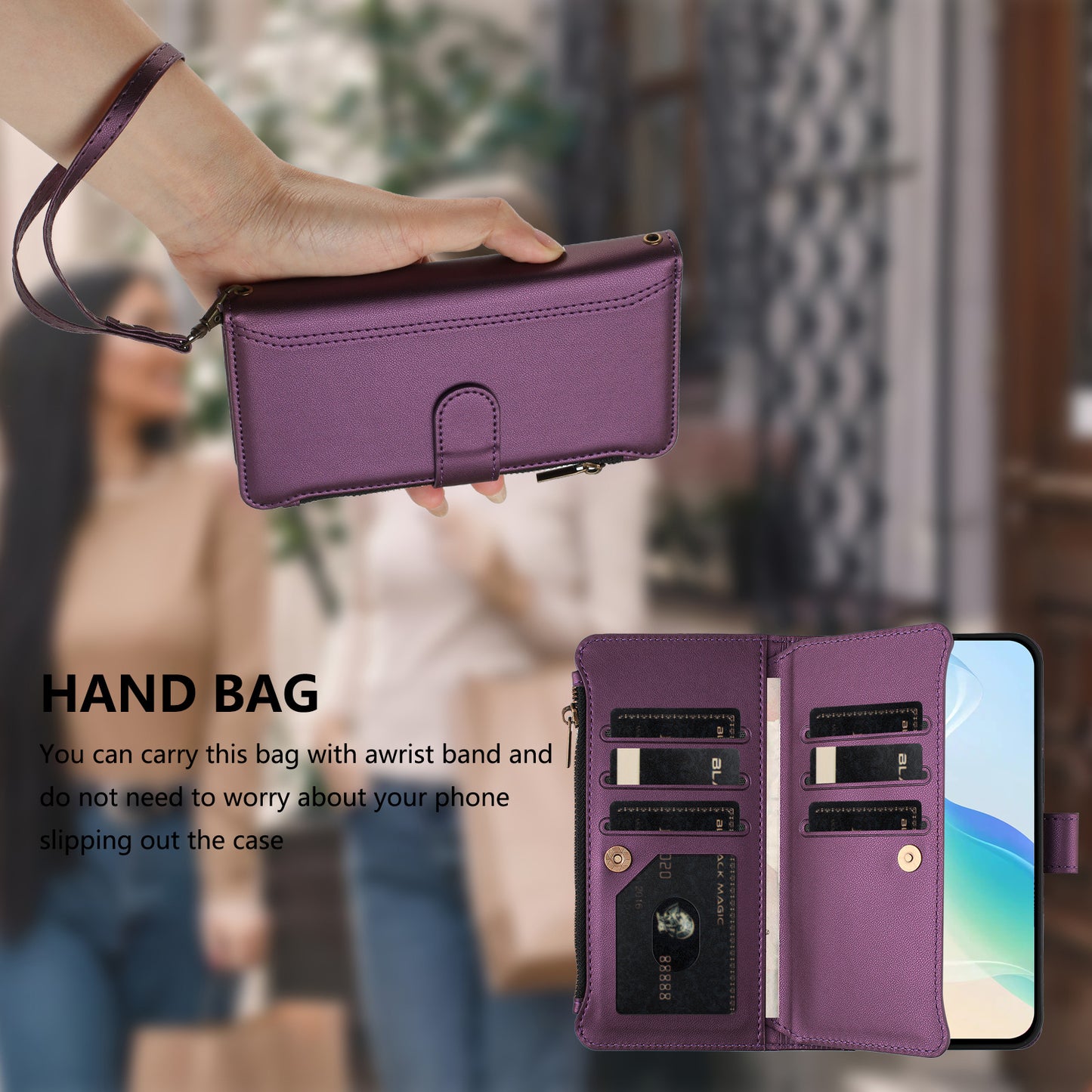 For iPhone 17 Leather Case 9 Card Slots Zipper Wallet Stand Phone Cover with Wrist Strap - Purple