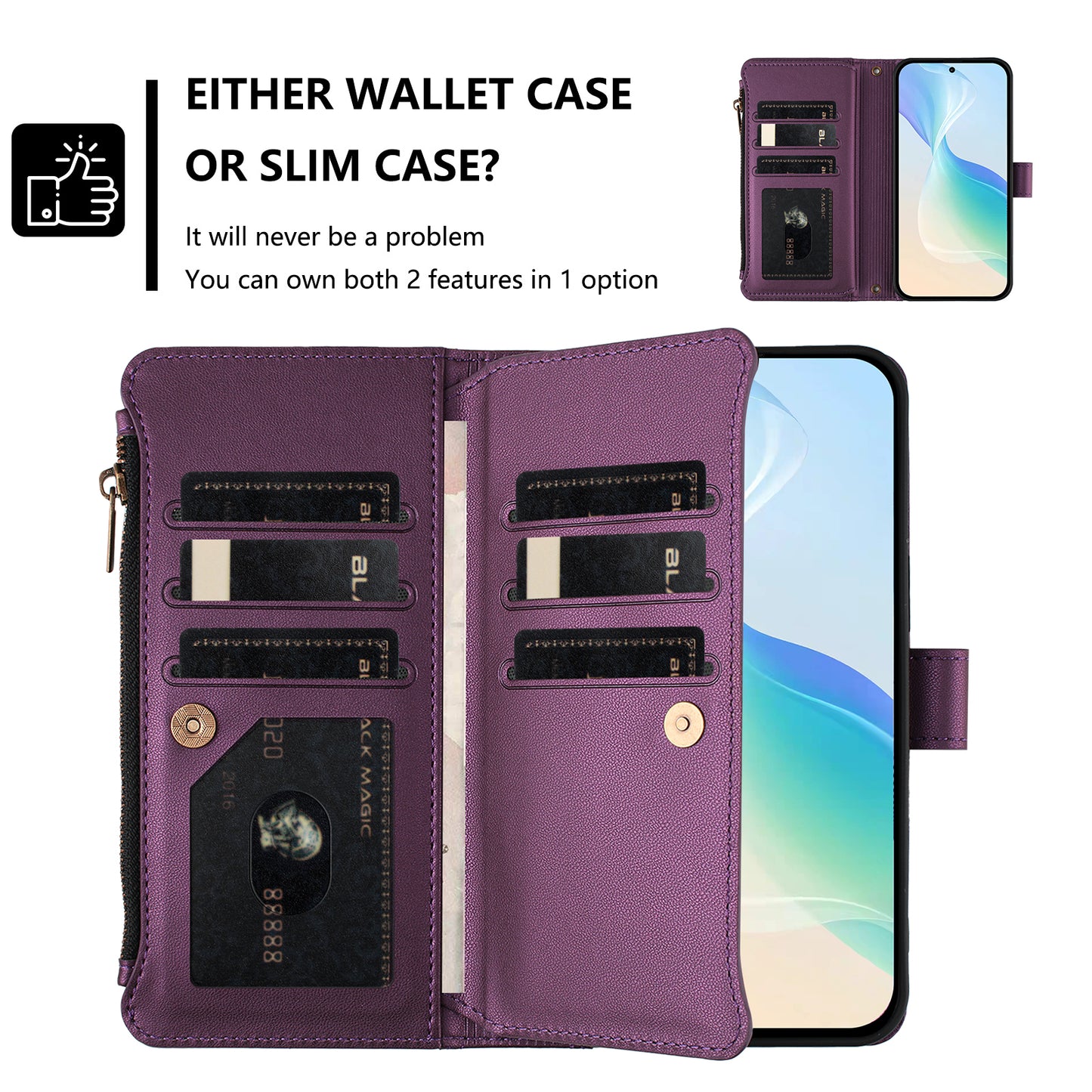 For iPhone 17 Leather Case 9 Card Slots Zipper Wallet Stand Phone Cover with Wrist Strap - Purple