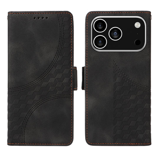 For iPhone 17 Pro Leather Cases Wallet Rhombus Imprinted Phone Cover Stand with Strap - Black