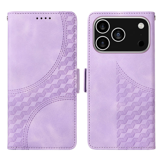 For iPhone 17 Pro Leather Cases Wallet Rhombus Imprinted Phone Cover Stand with Strap - Purple
