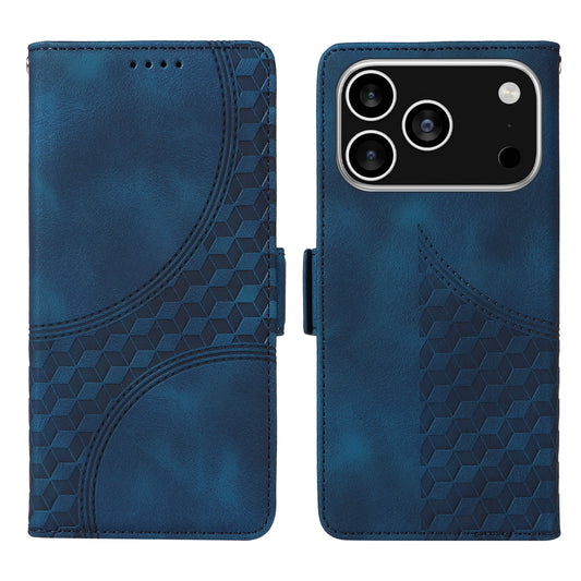 For iPhone 17 Pro Leather Cases Wallet Rhombus Imprinted Phone Cover Stand with Strap - Blue 