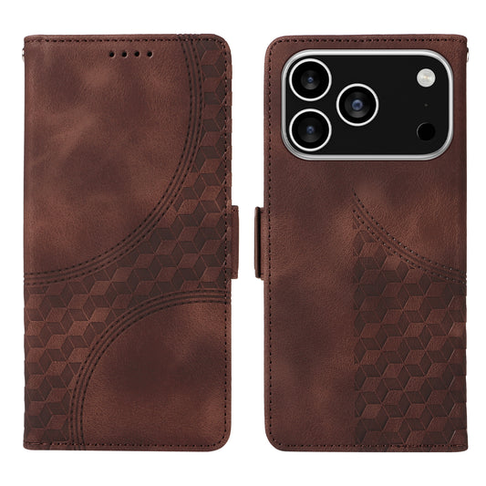 For iPhone 17 Pro Leather Cases Wallet Rhombus Imprinted Phone Cover Stand with Strap - Brown