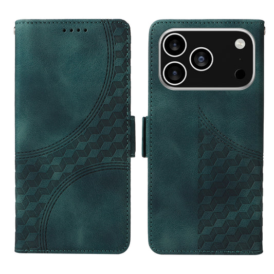 For iPhone 17 Pro Leather Cases Wallet Rhombus Imprinted Phone Cover Stand with Strap - Green