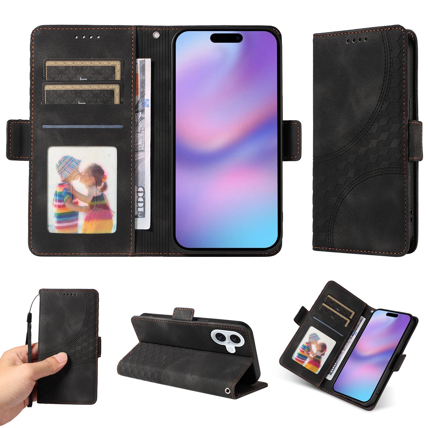 For iPhone 17 Leather Cases Wallet Rhombus Imprinted Phone Cover Stand with Strap - Black