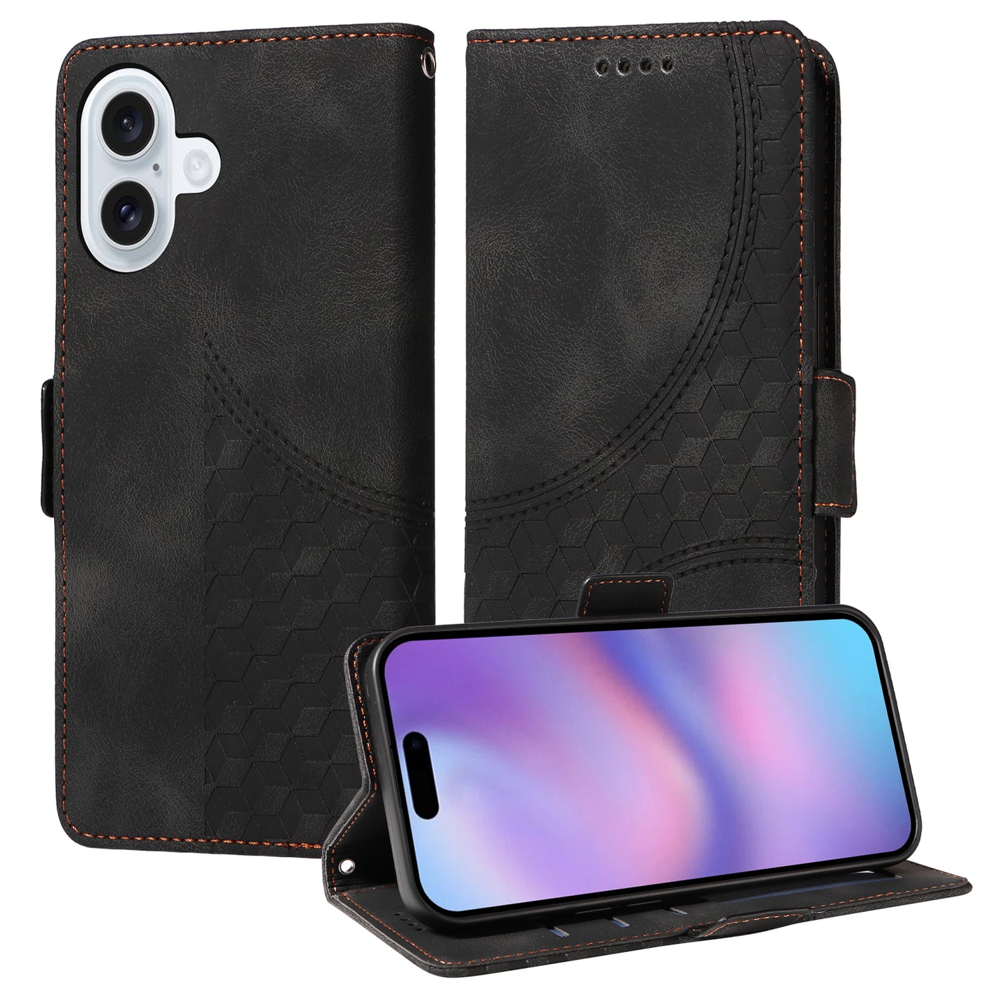 For iPhone 17 Leather Cases Wallet Rhombus Imprinted Phone Cover Stand with Strap - Black