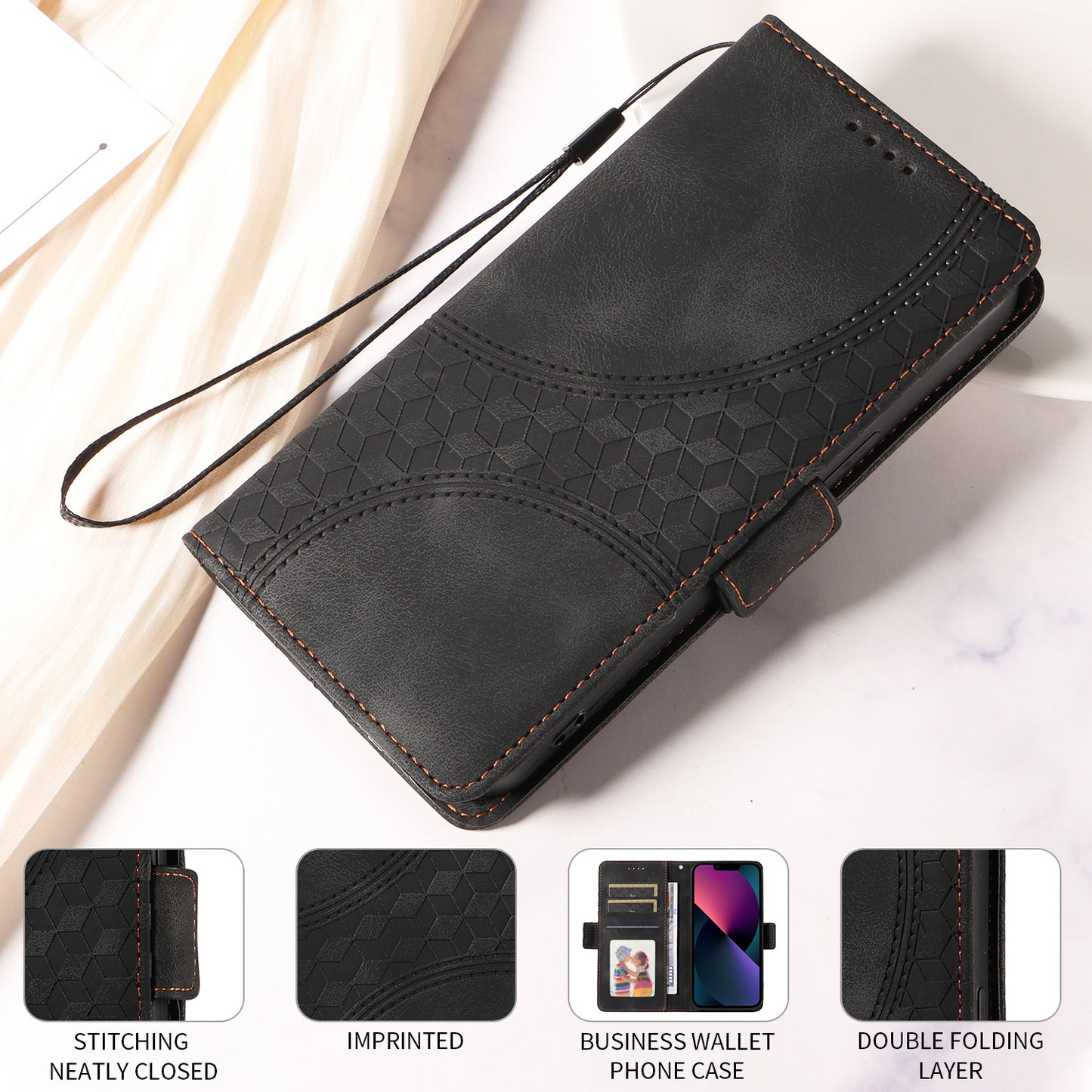 For iPhone 17 Leather Cases Wallet Rhombus Imprinted Phone Cover Stand with Strap - Black