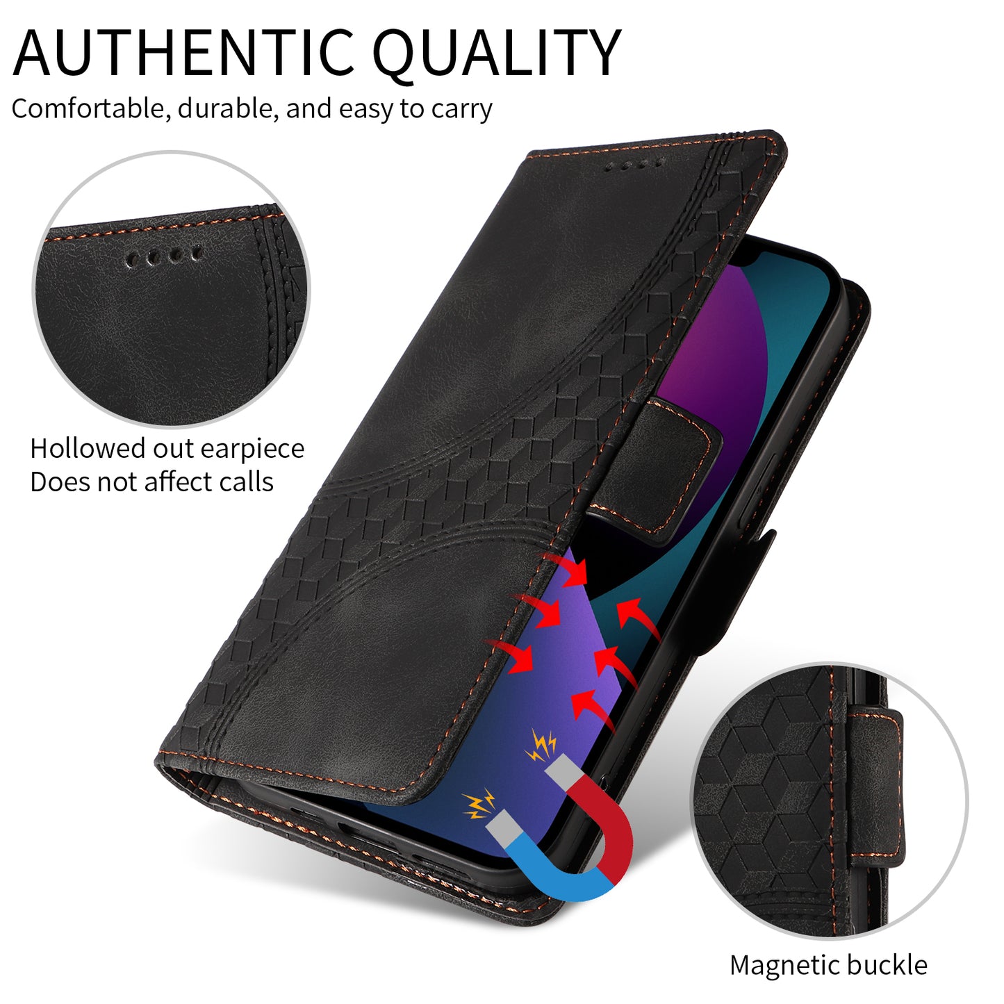 For iPhone 17 Leather Cases Wallet Rhombus Imprinted Phone Cover Stand with Strap - Black