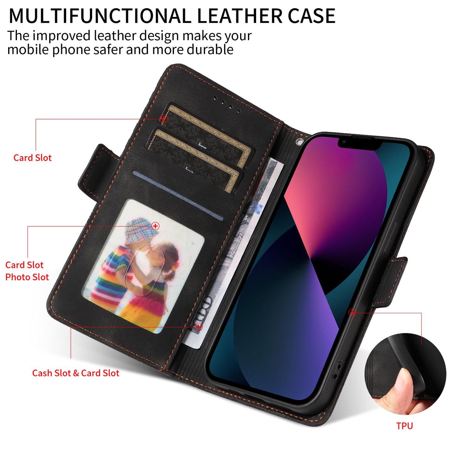For iPhone 17 Leather Cases Wallet Rhombus Imprinted Phone Cover Stand with Strap - Black