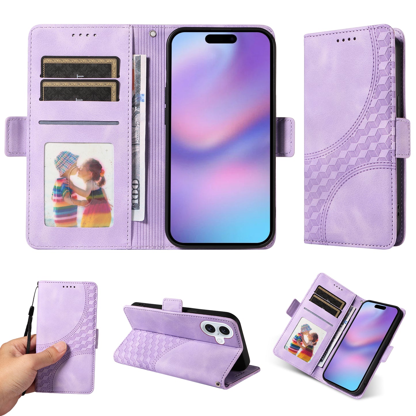 For iPhone 17 Leather Cases Wallet Rhombus Imprinted Phone Cover Stand with Strap - Purple