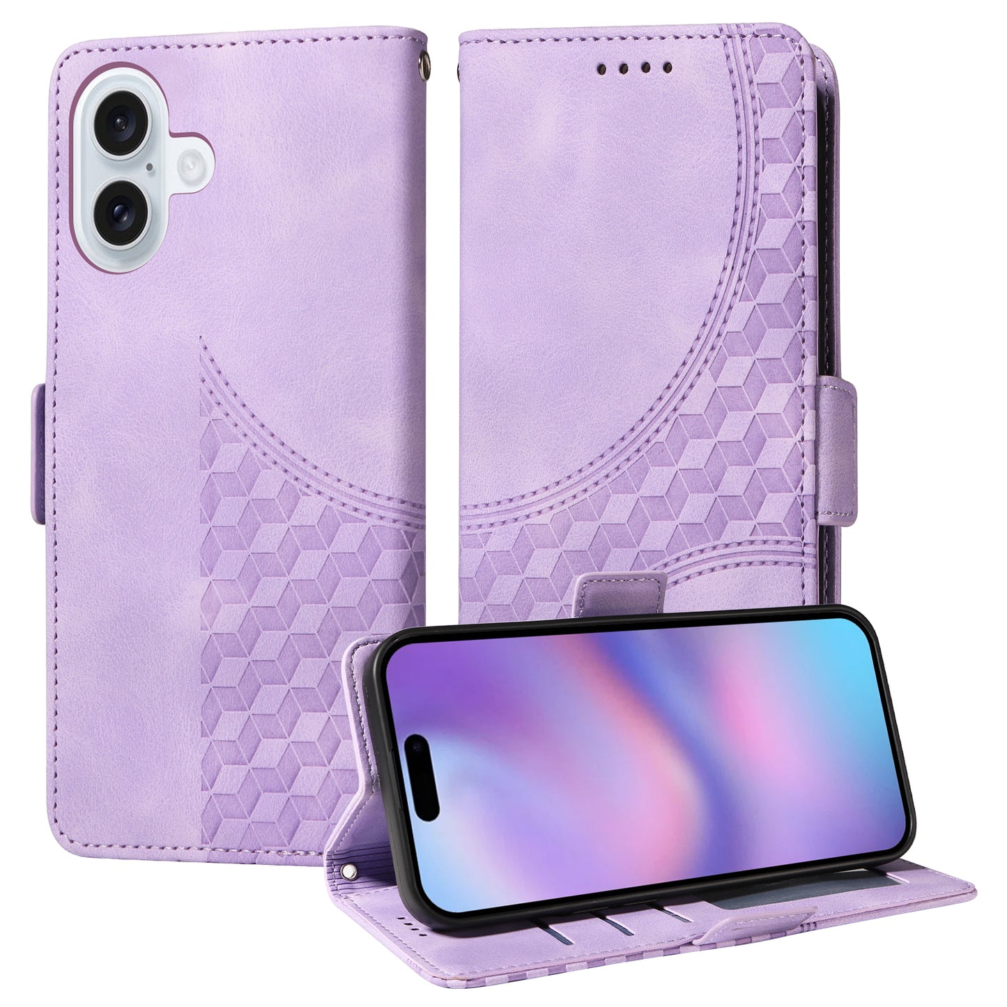 For iPhone 17 Leather Cases Wallet Rhombus Imprinted Phone Cover Stand with Strap - Purple