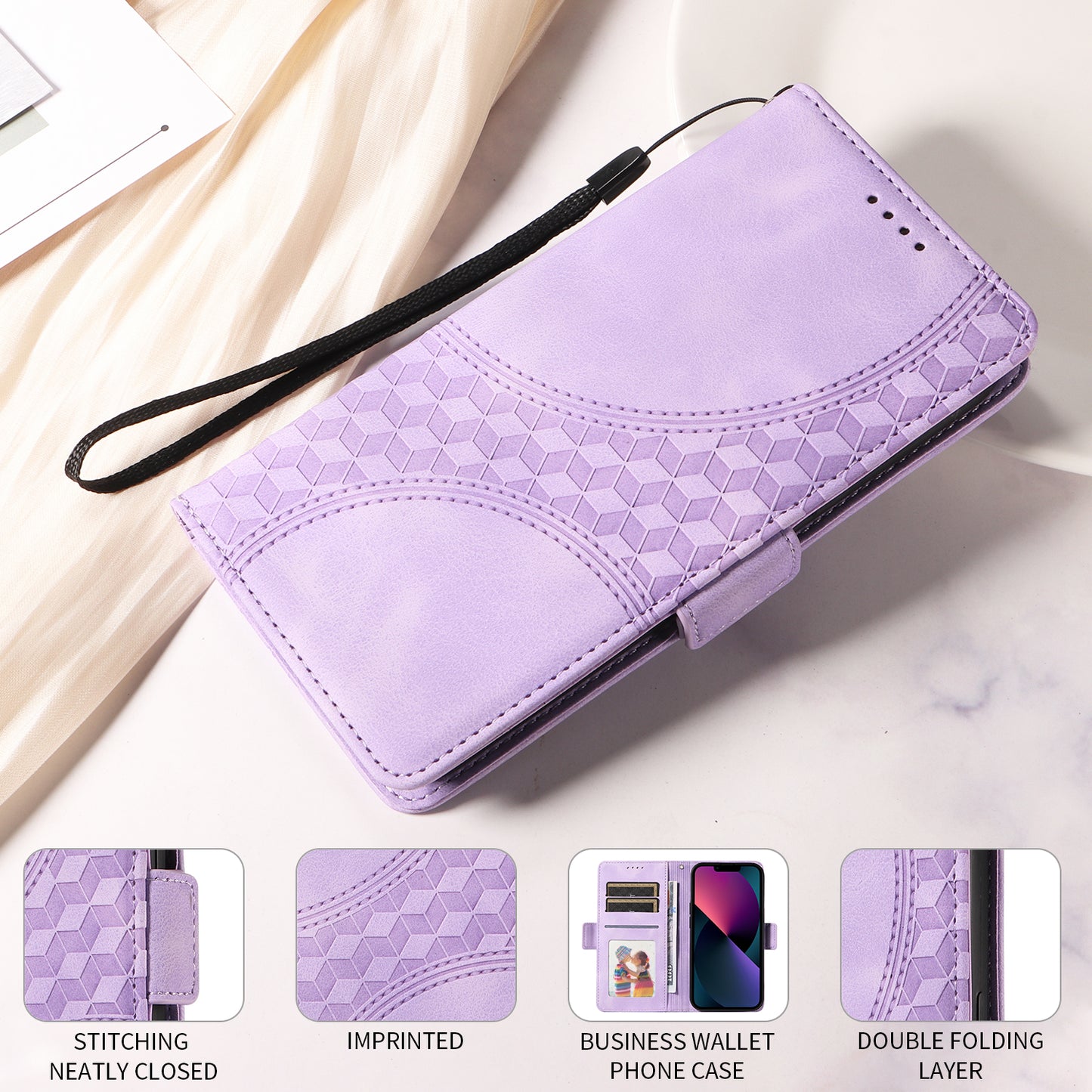 For iPhone 17 Leather Cases Wallet Rhombus Imprinted Phone Cover Stand with Strap - Purple