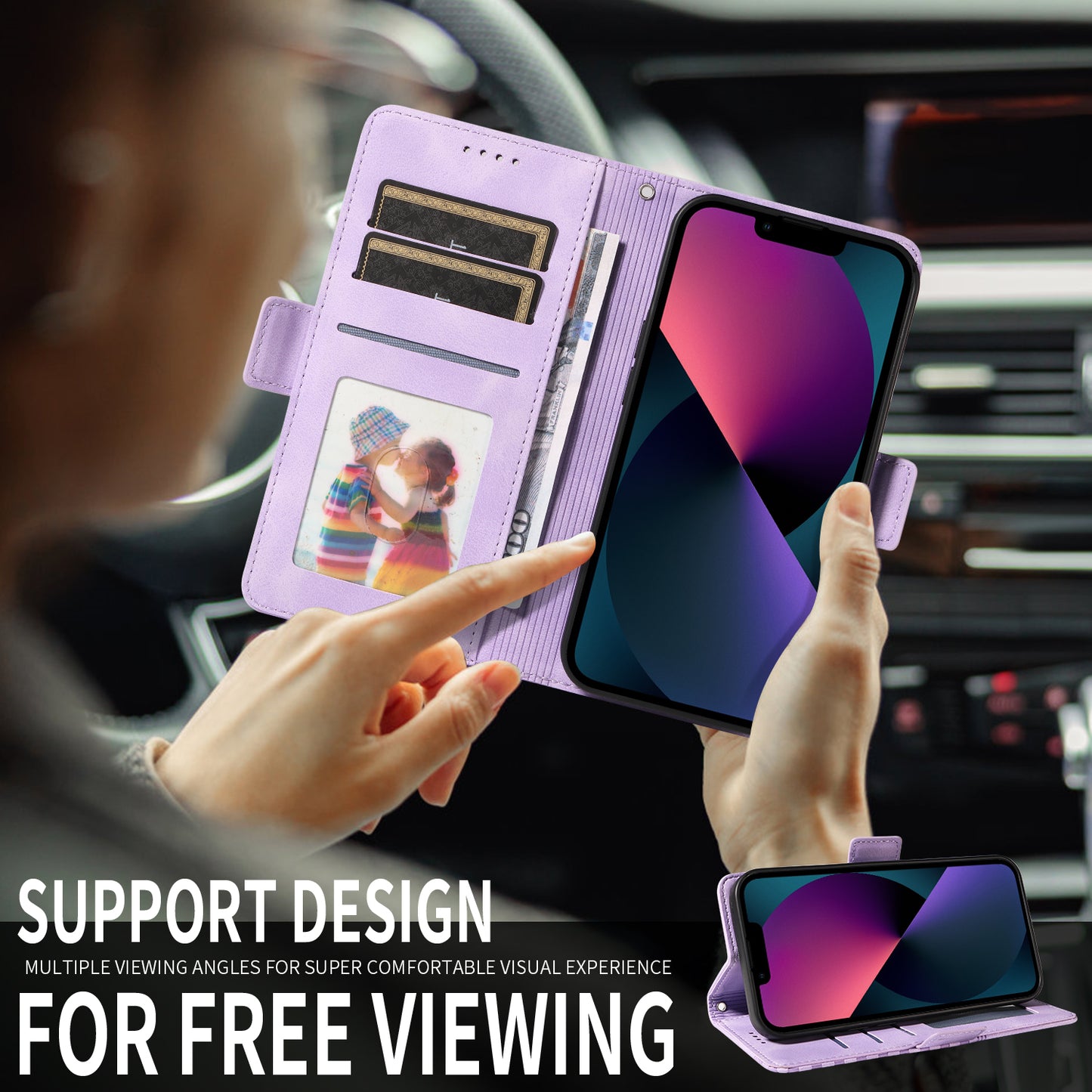 For iPhone 17 Leather Cases Wallet Rhombus Imprinted Phone Cover Stand with Strap - Purple