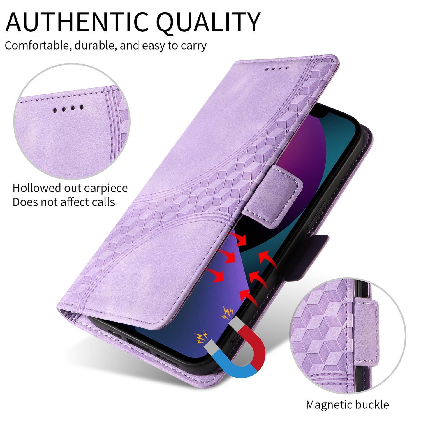 For iPhone 17 Leather Cases Wallet Rhombus Imprinted Phone Cover Stand with Strap - Purple