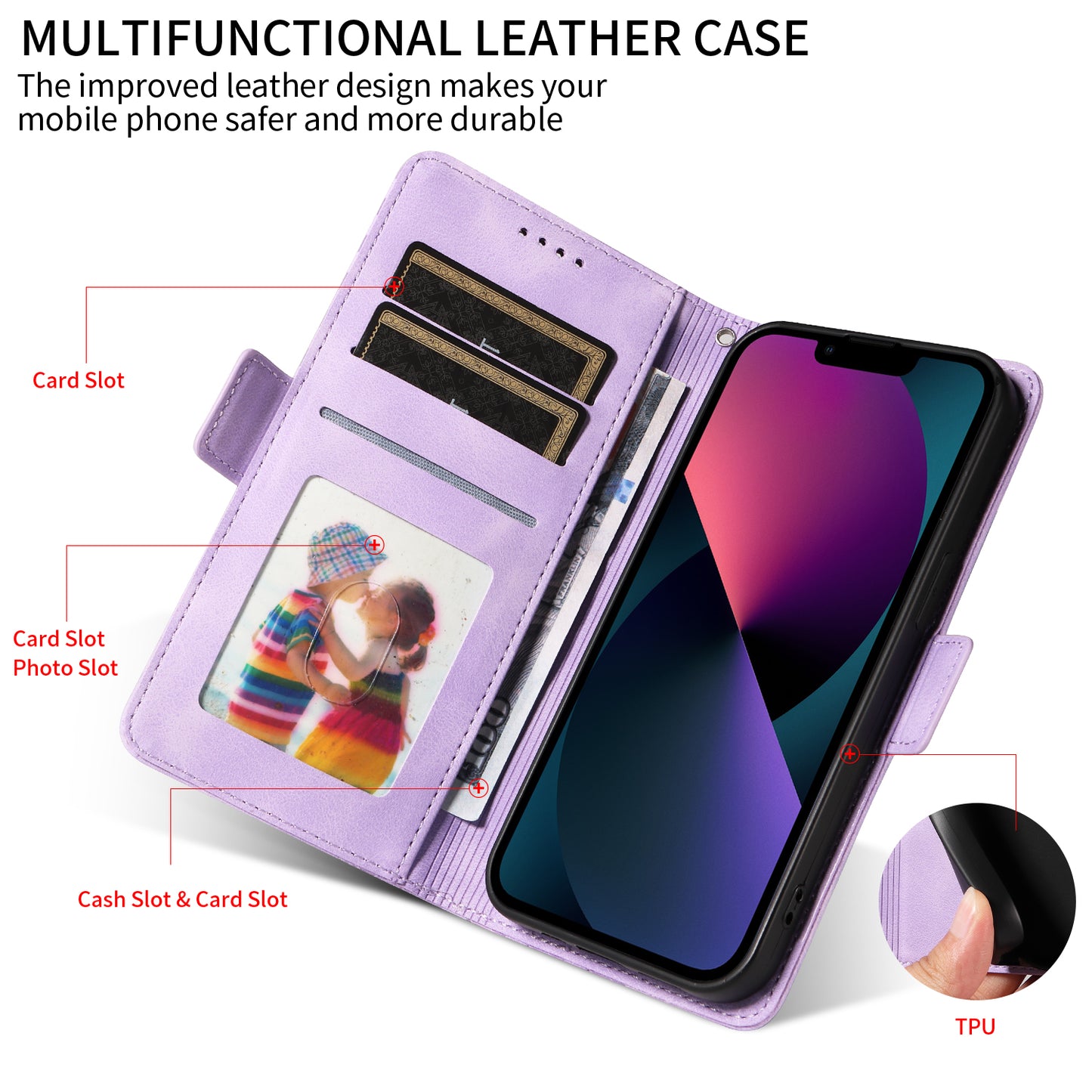 For iPhone 17 Leather Cases Wallet Rhombus Imprinted Phone Cover Stand with Strap - Purple