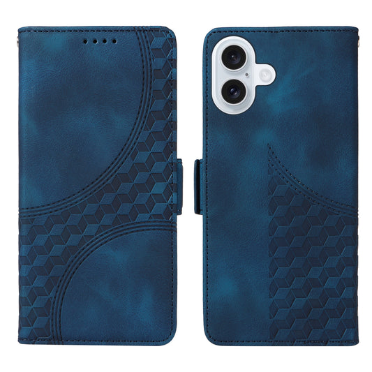 For iPhone 17 Leather Cases Wallet Rhombus Imprinted Phone Cover Stand with Strap - Blue 