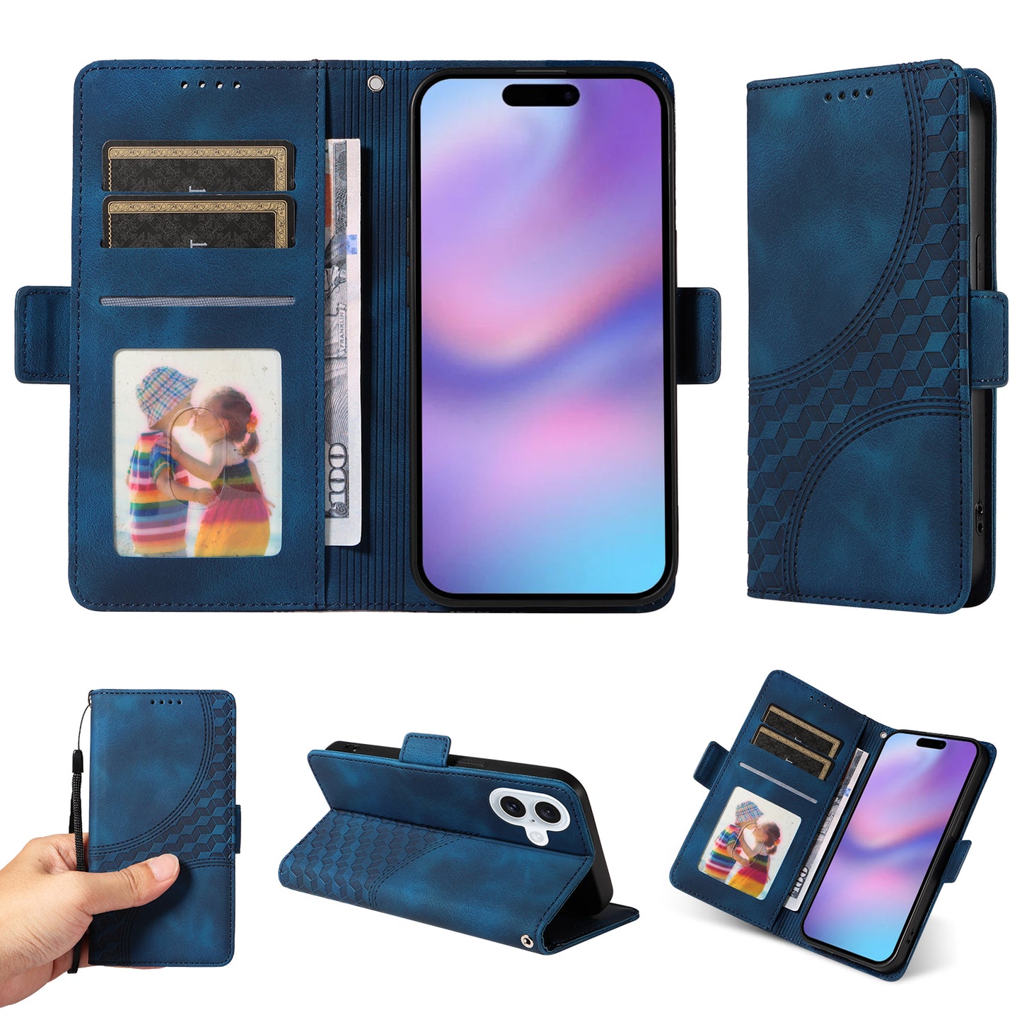 For iPhone 17 Leather Cases Wallet Rhombus Imprinted Phone Cover Stand with Strap - Blue 