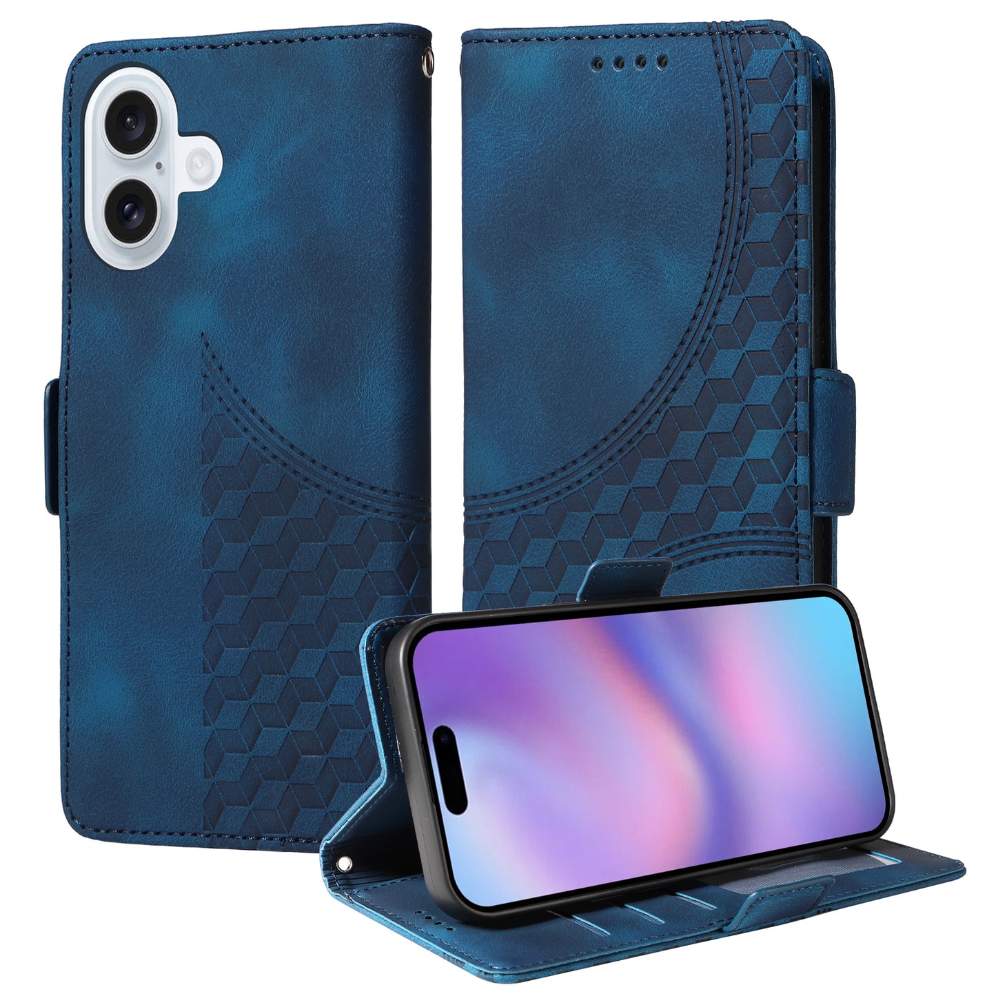 For iPhone 17 Leather Cases Wallet Rhombus Imprinted Phone Cover Stand with Strap - Blue 