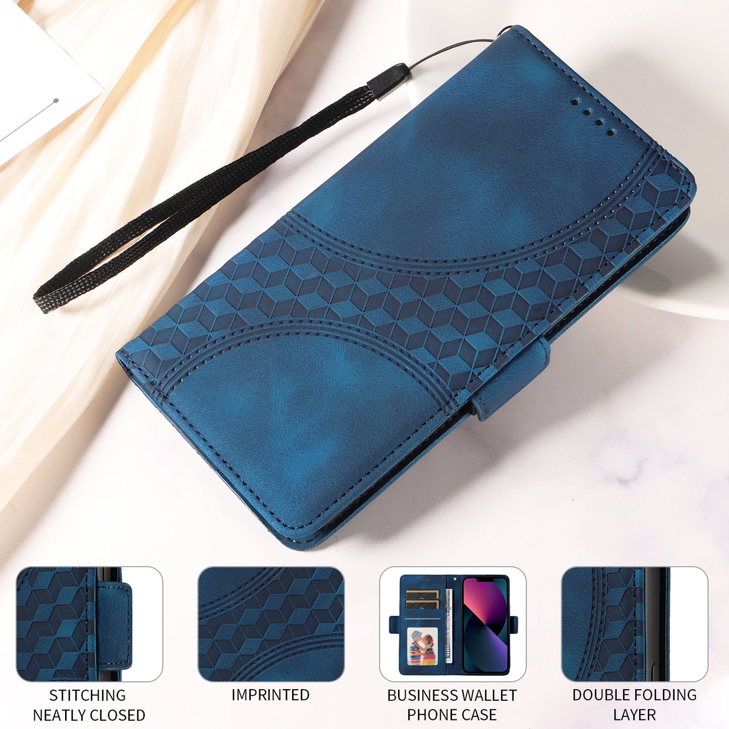 For iPhone 17 Leather Cases Wallet Rhombus Imprinted Phone Cover Stand with Strap - Blue 