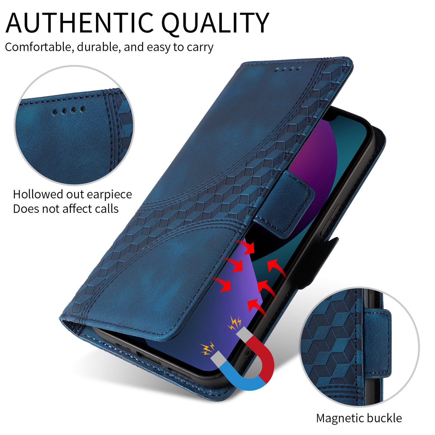 For iPhone 17 Leather Cases Wallet Rhombus Imprinted Phone Cover Stand with Strap - Blue 