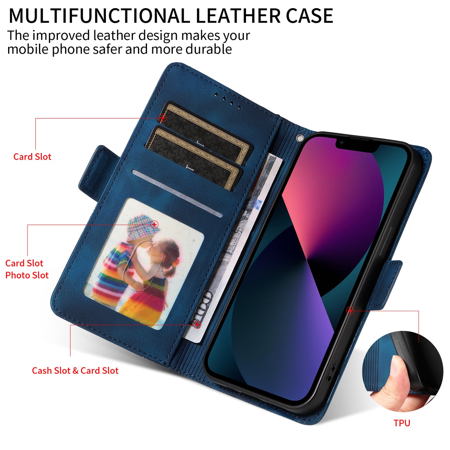 For iPhone 17 Leather Cases Wallet Rhombus Imprinted Phone Cover Stand with Strap - Blue 