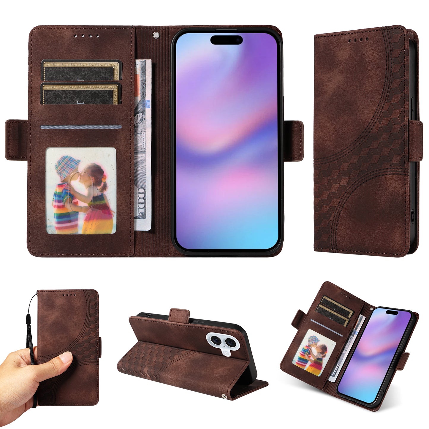 For iPhone 17 Leather Cases Wallet Rhombus Imprinted Phone Cover Stand with Strap - Brown