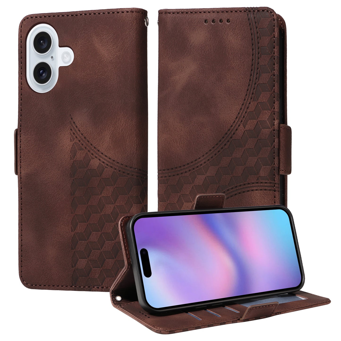For iPhone 17 Leather Cases Wallet Rhombus Imprinted Phone Cover Stand with Strap - Brown