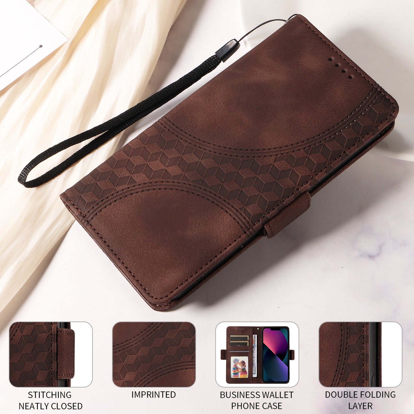 For iPhone 17 Leather Cases Wallet Rhombus Imprinted Phone Cover Stand with Strap - Brown
