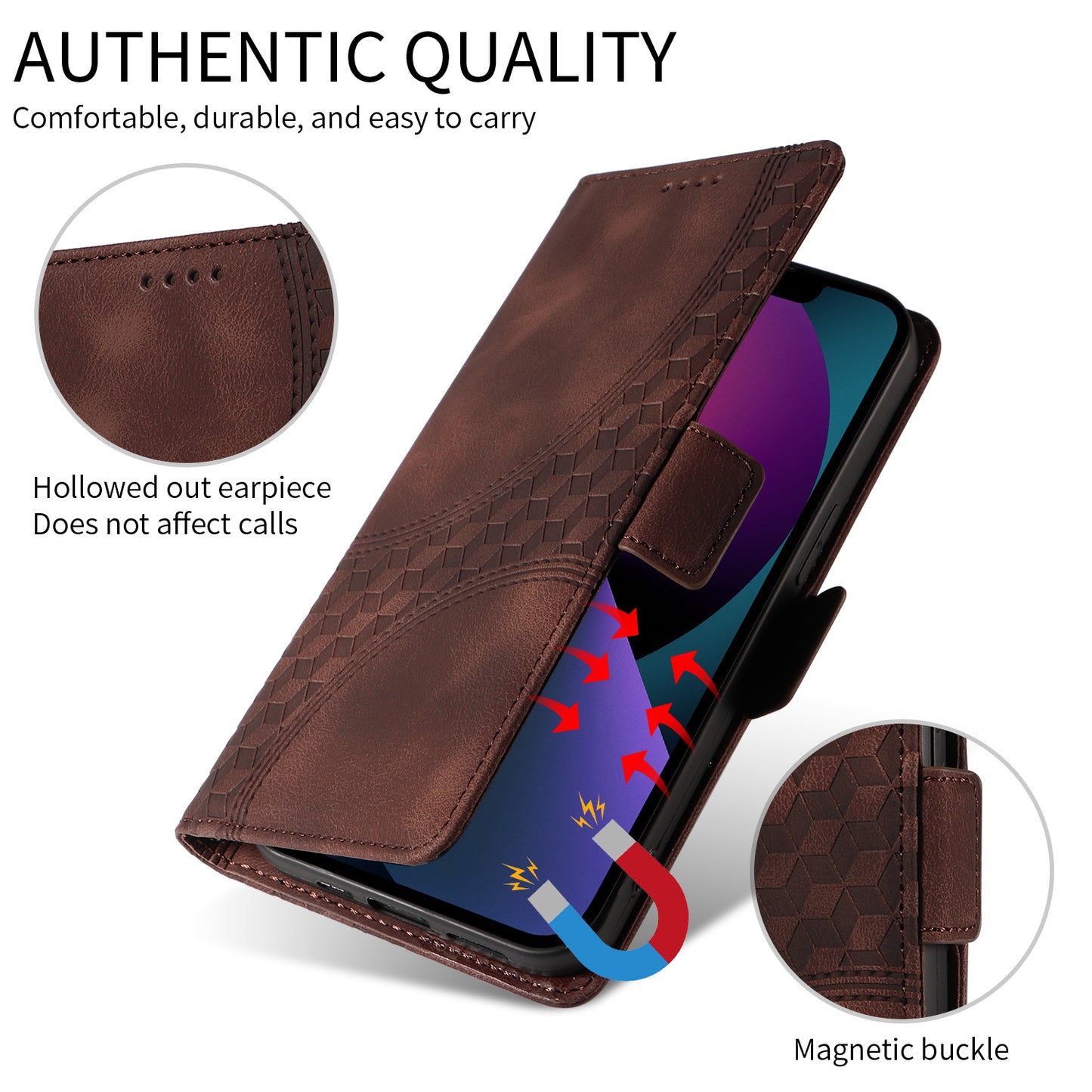 For iPhone 17 Leather Cases Wallet Rhombus Imprinted Phone Cover Stand with Strap - Brown