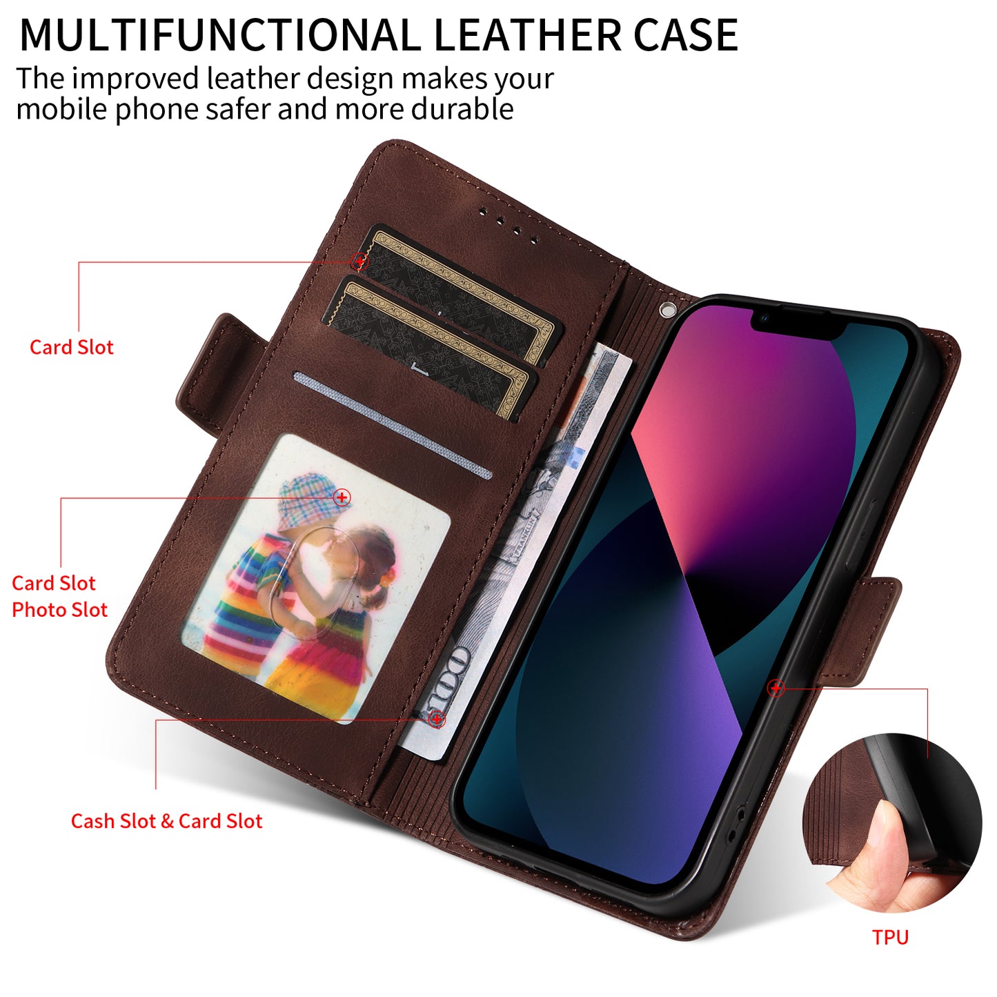 For iPhone 17 Leather Cases Wallet Rhombus Imprinted Phone Cover Stand with Strap - Brown