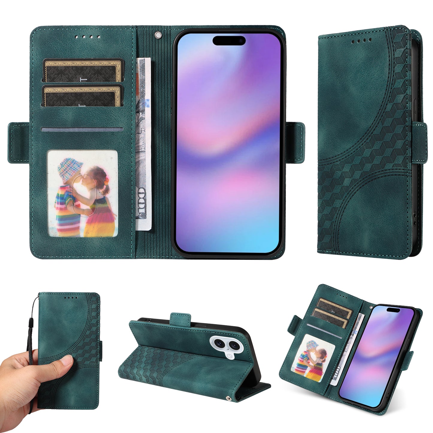 For iPhone 17 Leather Cases Wallet Rhombus Imprinted Phone Cover Stand with Strap - Green