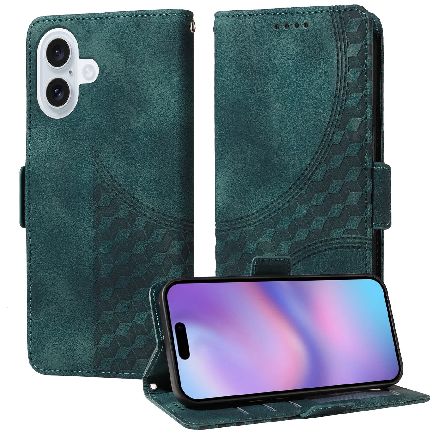 For iPhone 17 Leather Cases Wallet Rhombus Imprinted Phone Cover Stand with Strap - Green