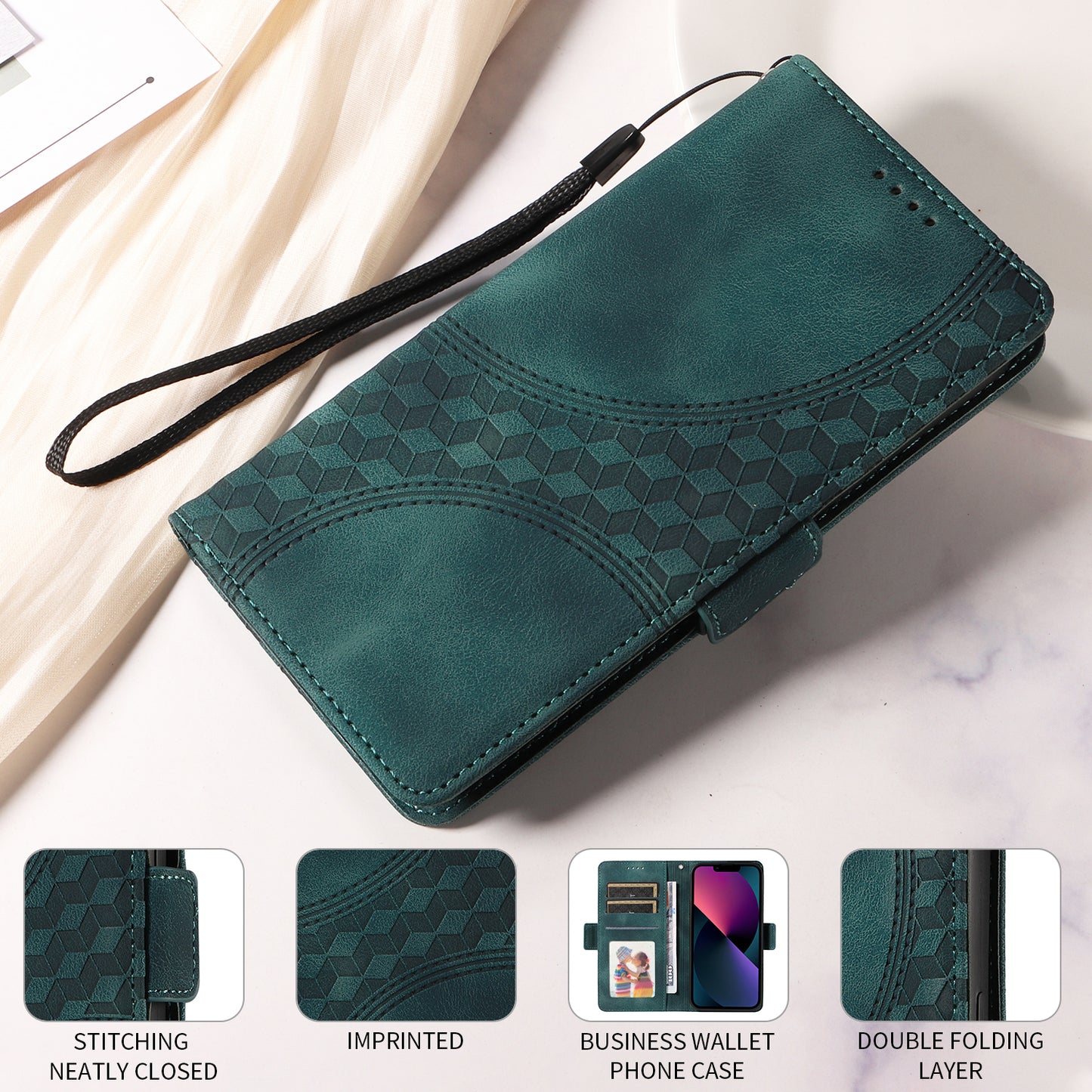 For iPhone 17 Leather Cases Wallet Rhombus Imprinted Phone Cover Stand with Strap - Green