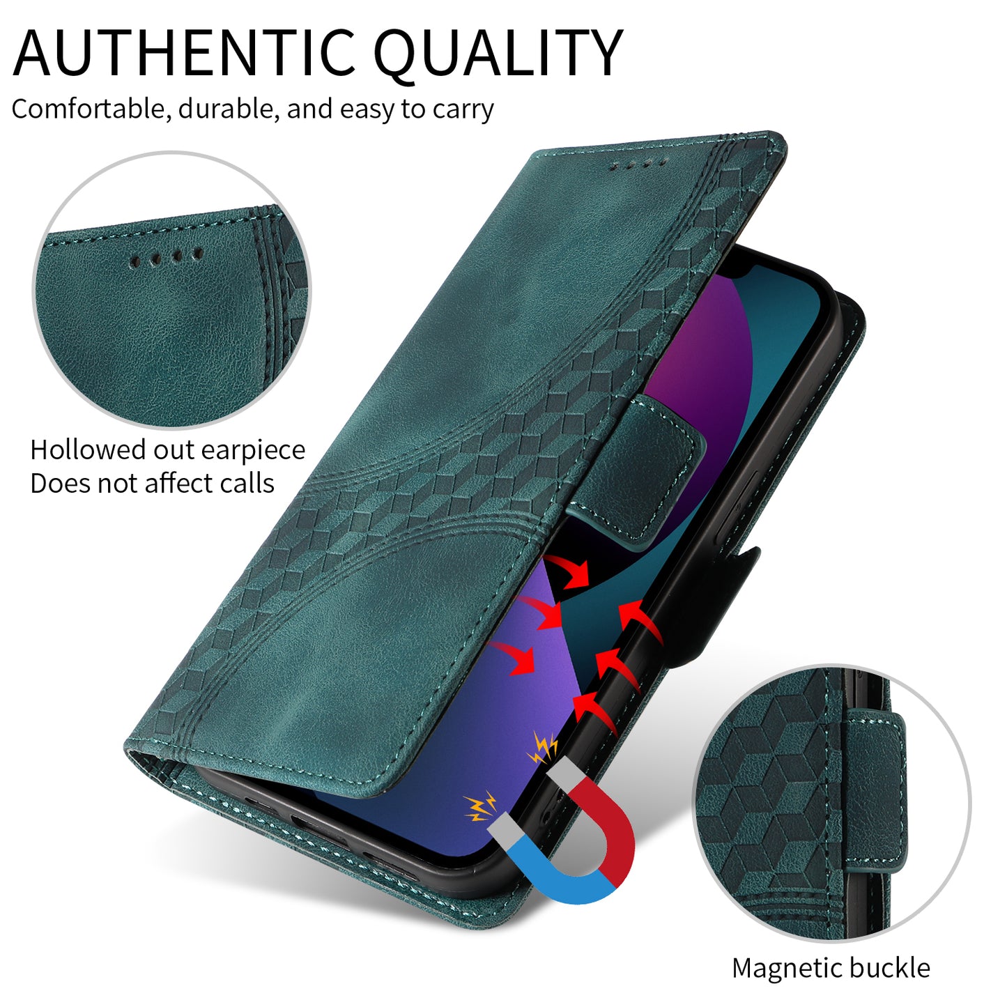 For iPhone 17 Leather Cases Wallet Rhombus Imprinted Phone Cover Stand with Strap - Green